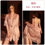 Guiruo Pajamas Sexy Deep V Lace Satin Solid Tone Suspended Nightwear, Nightgown, Bathrobe, Home Furnishing Set Sent on behalf of 245