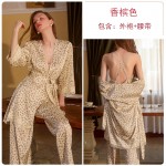 Guiruo Sexy Women's Ice Silk Suspender Pants Pajamas Robe Leopard Pattern Casual Deep V Backless Home Suit Set 2269