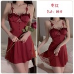 Guiruo Sexy Backless Perspective Lace Collage with Chest Cushion Satin Nightgown Outrobe Women's Home Set P3143