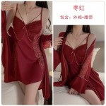 Guiruo Sexy Nightwear Lace Mesh and Chest Pads Gathered Open Back Suspended Nightwear Robe Home Set C3461