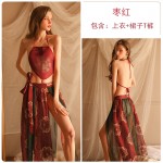 Guiruo Fun Underwear Sexy Belly Pocket Open Back Sexy Split Long Dress Hot Retro Women's Uniform Set 1673