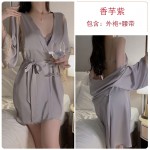 Guiruo Solid Satin Sexy High Split Stacked Collar Open Back Suspended Sleeping Dress Open Front Outer Robe Home Set 2063