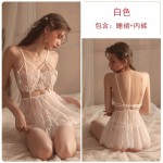 Guiruo Brand Sexy Leaky Breast Lace Embroidery Mesh Solid Color Suspended Sleeping Dress Outer Robe Women's Home Furnishing Set 176