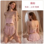 Guiruo Brand Sexy Lace Solid Color Comfortable Nightwear Shorts, Strap Set, Lace up Cardigan, Women's Homewear 1092