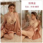 Guiruo satin patchwork embroidery lace deep V chest pad hollowed out gathering suspender nightgown outerwear home set P3169