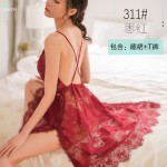 Guiruo high-end European and American large size seductive sexy lingerie with side slit lace suspender pajamas for women's transparent and fun pajamas