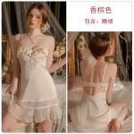 Guiruo Sexy Ice Silk Pajamas with Chest Pads and Steel Rings Gathered Open Back Suspended Sleeping Skirt Outer Robe Home Suit Set 3230