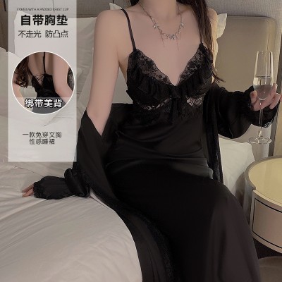 Guiruo Satin Perspective Lace Deep V Temptation Strap Temptation Plus Chest Cushion Sleeping Dress Outer Robe Home Suit Set J2970