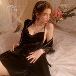 Guiruo Brand's New Loose and Comfortable Nightwear Solid Lace Velvet Suspender Dress Outer Robe Home Suit Set 1924