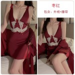 Guiruo Sexy Backless Temptation Pajamas with Ice Silk and Chest Pads Sweet Sling Sleeping Dress Outer Robe Home Suit Set 3171