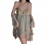 Guiruo Soft Mesh Embroidery Lace and Chest Cushion Deep V Sexy Open Back Sleeping Dress Outer Robe Home Suit 3900