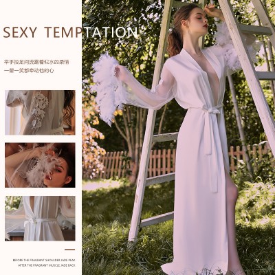 Guiruo brand's simulated silk stitching mesh feather cuffs with three-dimensional embroidery lace up long nightgown and home clothing 1000