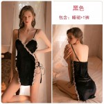 Qiruo Brand Autumn and Winter Fun Velvet Pajamas Women's Split Chest Cushion Suspender Sleeping Dress Home Suit Set Issued on behalf of 1593