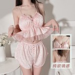 Guiruo brand sexy suspender pajamas, lace straps, chest pads, seductive low cut satin backless home wear set 2242