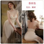 Guiruo satin patchwork lace sexy V-neck with chest pad fly sleeve long women's home wear pajama set Q3174