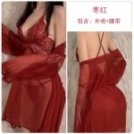 Guiruo Fun Lingerie Sexy Mesh Perspective Solid Color Pajamas Open Back Suspended Dress Outer Robe Home Suit Set 2131