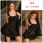 Guiruo Sexy Backless Temptation Ice Silk Splice Lace and Chest Cushion Suspender Sleeping Dress Outer Robe Home Suit Set 3309