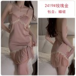 Guiruo Summer Ice Silk Pajamas Comfortable Perspective Sweet Mesh and Chest Cushion Suspender Sleeping Dress Outer Robe Women's Set 2419