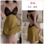 Guiruo Sexy Deep V with Chest Cushion Lace Up Open Back Satin Lace Pure Desire Temptation Private Women's Home Sleeping Dress 2621