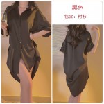 Guiruo Fashion Pleated Shirt Style Lapel Loose and Comfortable Large Boyfriend Style Satin Women's Sleeping Dress Home Suit 3685