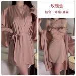 Rose like satin surface with chest pad and ear edge, sweet and seductive lace patchwork nightgown, outer robe, home suit set P3143