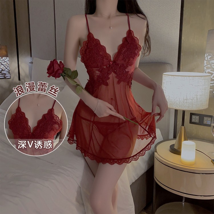 Ruo Ruo Sexy Deep V Mesh Perspective Embroidery Lace Cross Backless Women's Suspended Sleeping Dress Fun Set 1899