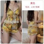 Guiruo Summer Satin Sexy Deep V with Chest Cushion Suspender Shorts, Yellow War Robe, Popular Online Home Suit 3759