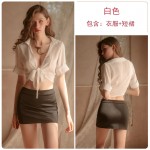 Guiruo Brand Fun Underwear Sexy Perspective Deep V Lace Up Wrap Hip Short Skirt OL Role Playing Uniform Set 088