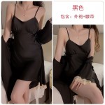 Guiruo Lingerie Summer Solid Color Ice Silk Waist Slim Lace Up Fold Suspended Sleeping Dress Outer Robe Home Set 1517