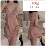 Guiruo Sexy Lace Perspective Attraction with Chest Pads Gathered Large Hanging Strap Sleeping Dress Outer Robe Home Suit Set 1690