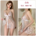 Guiruo Autumn and Winter Fun Lingerie Sexy Mesh Lace Perspective Temptation Deep V Sling Sleeping Dress Home Suit Set 220