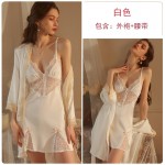 Guiruo Brand Sexy Deep V Low cut Pajamas Solid Lace Comfortable Suspender Dress Outer Robe Home Suit Set 1688