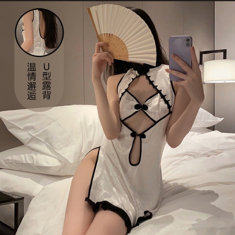 Guiruo Fun Lingerie Sexy Backless Temptation Retro Plate Buckle Cheongsam Comfortable Sleeping Dress Passionate Uniform Set 2938