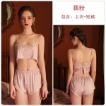 Guiruo brand European and American sexy satin patchwork lace suspender shorts lace up bathrobe home clothing set for women 1092