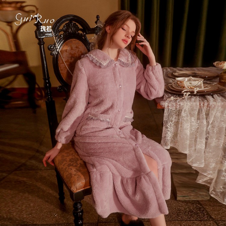 Guiruo Sexy Flannel Sweet Doll Neck Button Autumn and Winter Outwear Nightgown Women's Homewear Set P3024