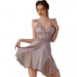 Guiruo Pure Desire Temptation Deep V with Chest Pads, Transparent Lace, Sexy Lace up Satin Sleeping Dress, Outer Robe, Home Furnishing J3189