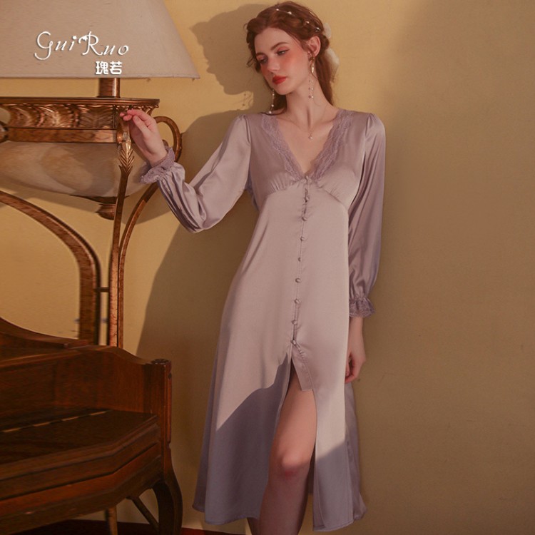 Guiruo brand solid color long pajamas, comfortable and sweet lace long sleeved outerwear, women's home wear set, issued on behalf of 2192