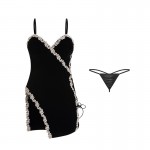 Guiruo Brand's New Sexy Velvet Lace Sleepwear Women's Split Chest Cushion Suspender Sleepwear Home Suit 1593