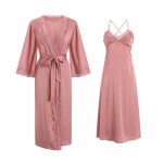 Guiruo brand girls' solid color long pajamas with a backless alluring drawstring dress and tie up cardigan home suit 2058