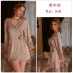 Guiruo Spring/Summer New Open Back Lace Hanging Pajama Dress Pleated Drawstring Pajama Outer Robe Women's Home Furnishing Set 1861