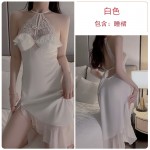 Guiruo Sexy Open Back Ice Silk and Chest Cushion Gather Lace Perspective Pure Desire Qipao Women's Home Fur Set P3346