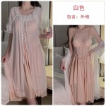 Guiruo Satin Deep V Lace Perspective and Chest Cushion Steel Ring Gathering Long Sleeping Dress, Outer Robe, Home Suit Set J2987