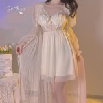 Guiruo Sexy Mesh Splice Lace Perspective Attraction and Chest Cushion Pure Desire Backless Sleeping Dress Outer Robe Home Suit 3546