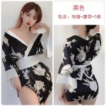 Guiruo Fun Lingerie Women's Sexy Deep V Lace Waistband Printed Chiffon Kimono Role Playing Uniform Set 693