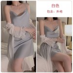 Ruo Ruo Satin Sexy Open Back Swinging Collar Light Luxury Simple Comfortable Suspended Sleeping Dress Outer Robe Women's Home Set 1477