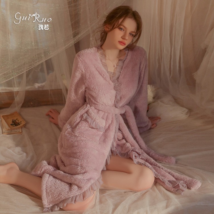 Guiruo Sexy Lace Splice Waist Tie Up Nightgown Outer Robe Women's Flannel Solid Color Homewear Set P3003