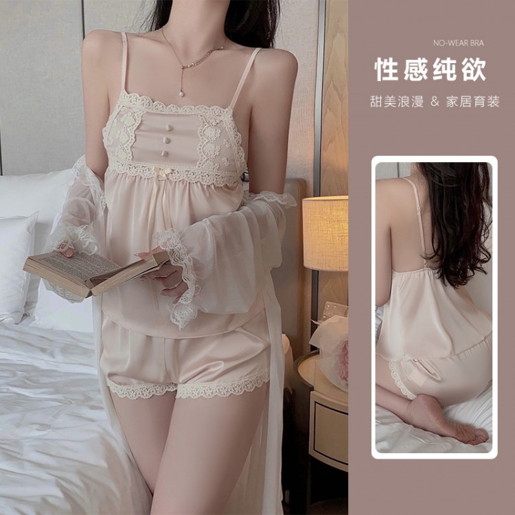 Guiruo Pure Desire Sexy Lace Splice Ice Strap Sleepwear Shorts Mesh Outer Robe Women's Home Fur Set 3486