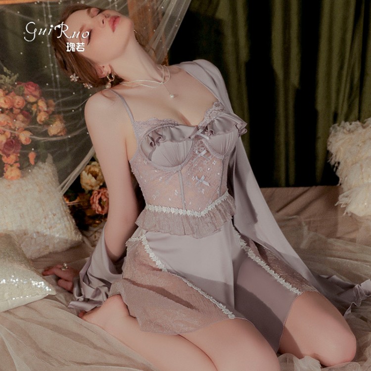 Guiruo Sexy Strap Temptation and Chest Cushion Gather Ice Silk Comfortable Sling Sleeping Dress Outer Robe Home Suit Set 3128