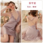 Guiruo Sexy Perspective Lace and Chest Cushion Cross over Open Back Women's Satin Suspended Sleeping Dress Simple Outer Robe Set 3166