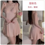 Guiruo Sexy Deep V with Chest Cushion Perspective Lace Collar Flying Sleeves Sleeping Dress Outrobe Women's Home Furnishing Set P3562